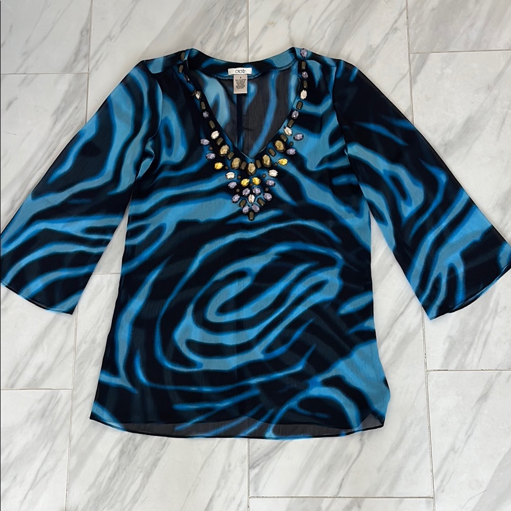 Cache Blue and Black Embellished 3/4 Sleeve Blouse. Great condition